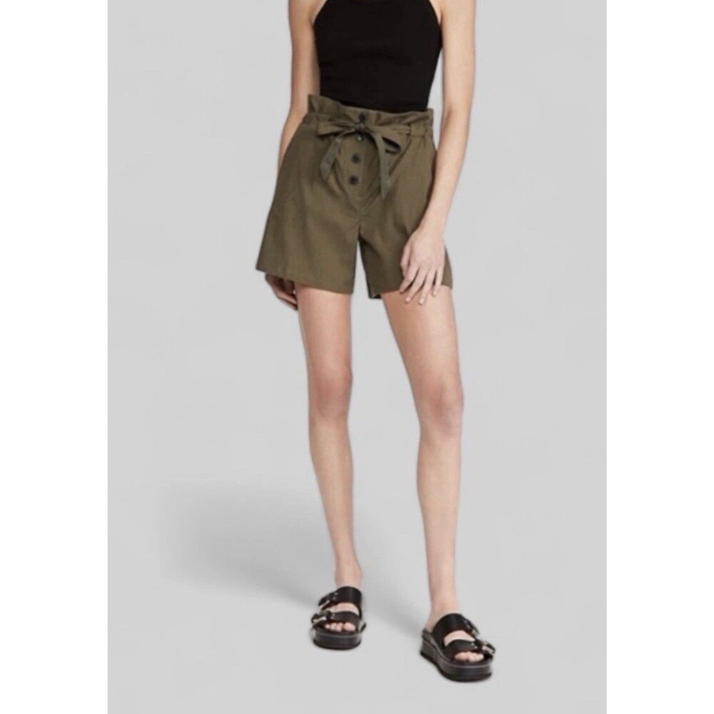 Rag & Bone Camille Seersucker Shorts Paperbag Waist Olive Green Size 10 EUC!!